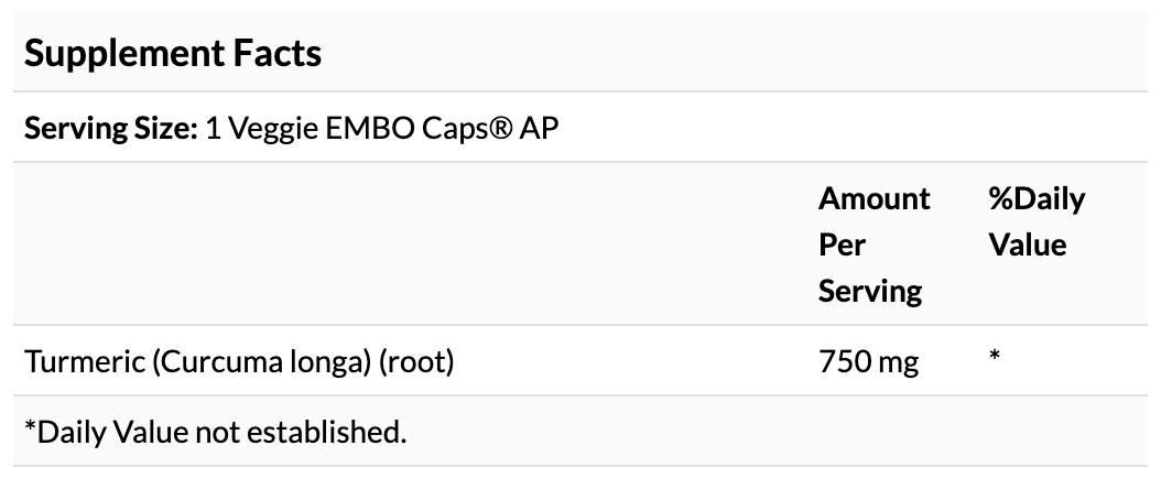 Full Spectrum Turmeric 750 mg - 60 Veggie Embo Caps AP